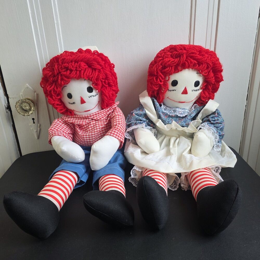 ​Vintage Handmade Raggedy Ann & Andy Large 24" Plush Dolls - Picture 2 of 16